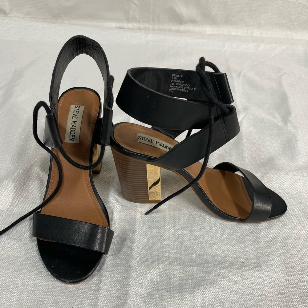 Steve Madden Brinlee heels, size 7.5 black with gold trim, ankle tie up